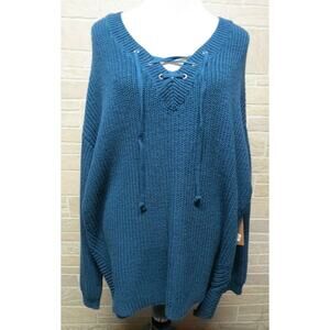 NEW Ruff Hewn Plus Size 2X Sweater Teal Blue Lace Up Neck NWT